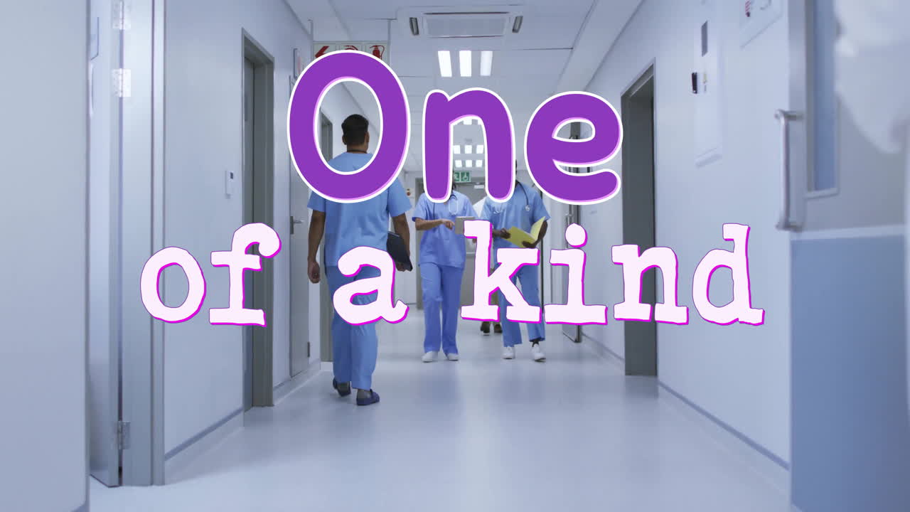 Medical team walking hospital corridor holding tablet and folder, with animated purple white text