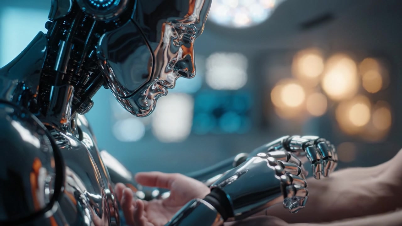 En elegant robot undersøger menneskelig interaktion, der fremhæver fusionen af teknologi og følelser i et moderne, futuristisk miljø med fascinerende bokeh-belysning.