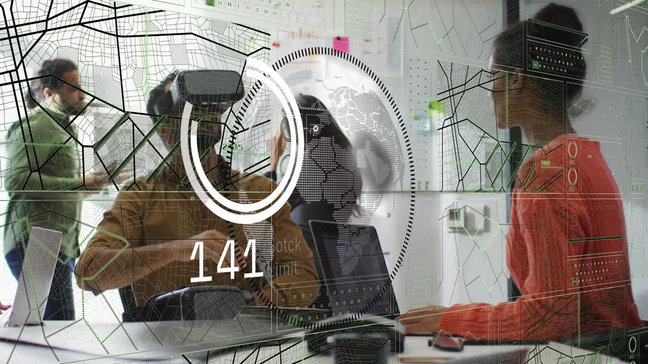 Animation of interface with data processing over biracial man wearing vr headset at office