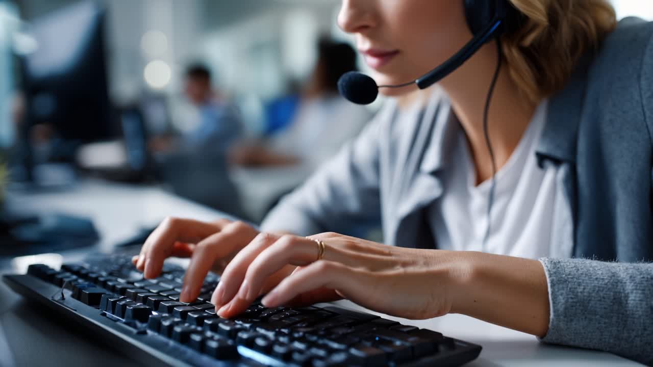 Konzentrierte Frau arbeitet am Schreibtisch mit Headset und Tastatur. Hände tippen schnell auf schwarzen Tasten, ein Ring ist sichtbar. Hintergrund zeigt belebtes Büro mit verschwommenen Kollegen
