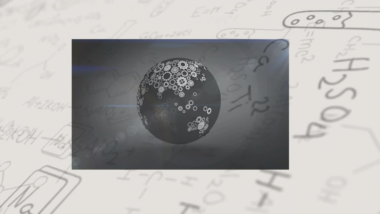 Opening gear globe rotating over chemical formula backdrop, lens flare drifting, gears pulsing