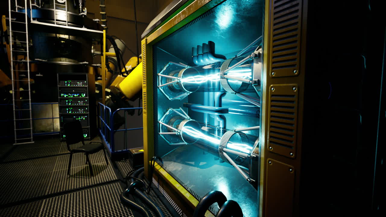 Equipo de tecnología avanzada en una instalación de investigación futurista por la noche