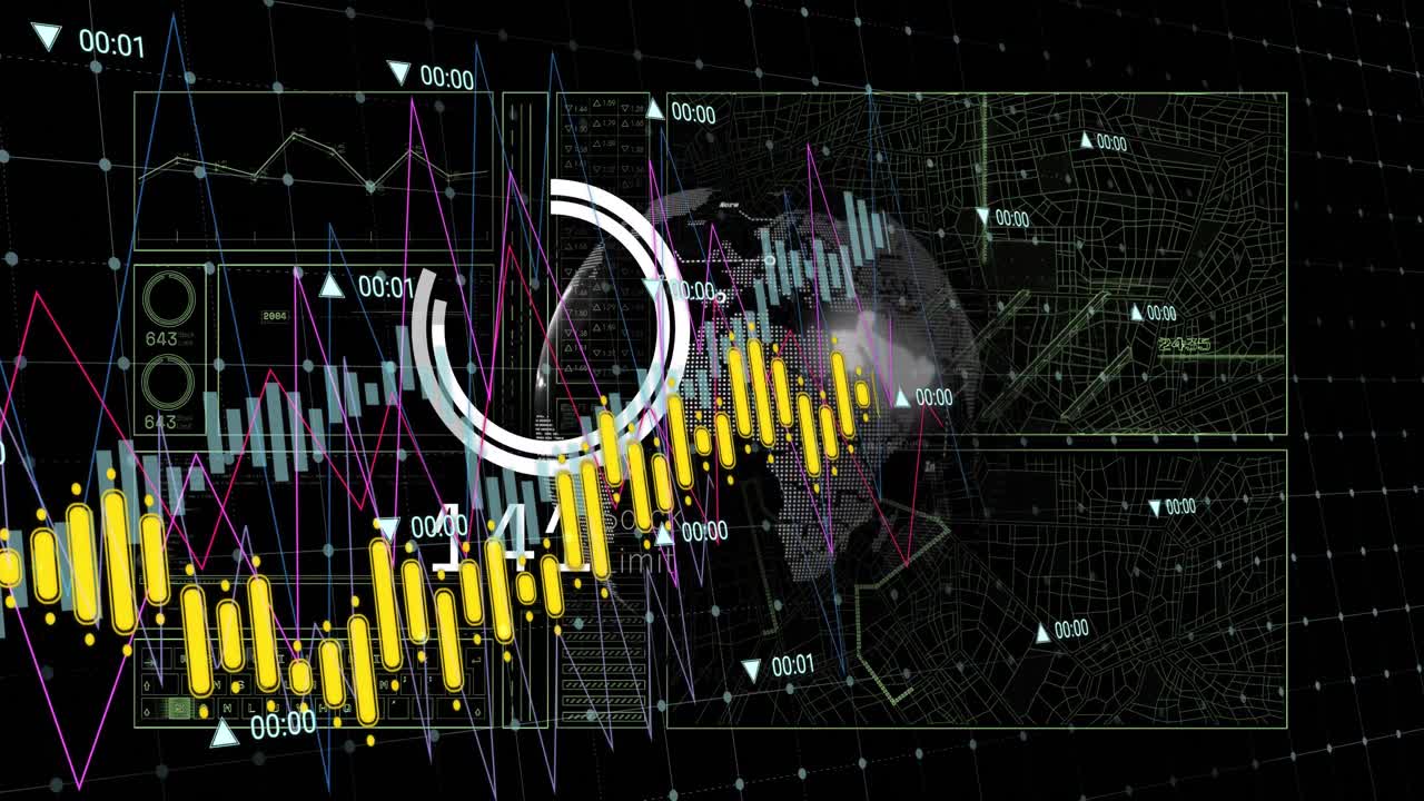 Animation of interface with data processing over spinning globe against black background