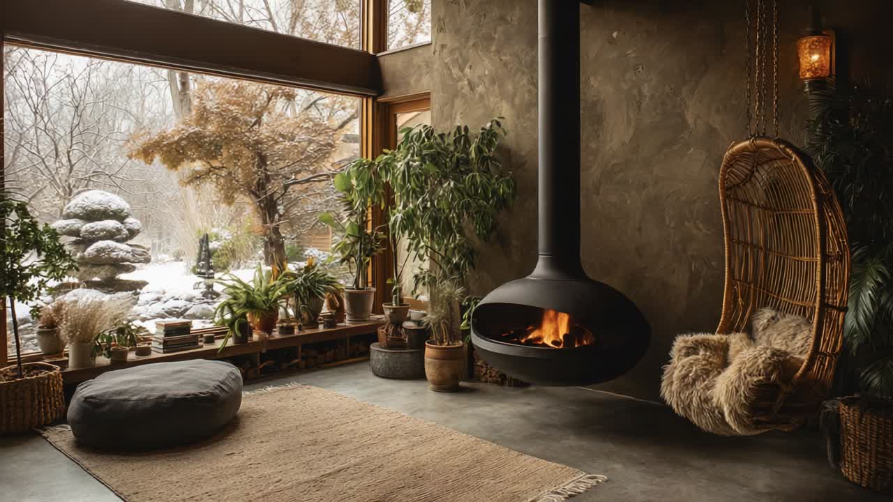 A Cozy Living Space Featuring a Modern Fireplace, Elegant Hanging Chair, and Lush Indoor Plants, All Set Against a Scenic Winter Landscape Visible Through Expansive Windows, Creating a Warm Atmosphere