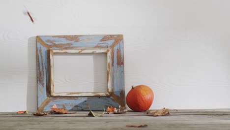 Video-of-pumpkin-with-autumn-leaves-and-frame-with-copy-space-on-white-background