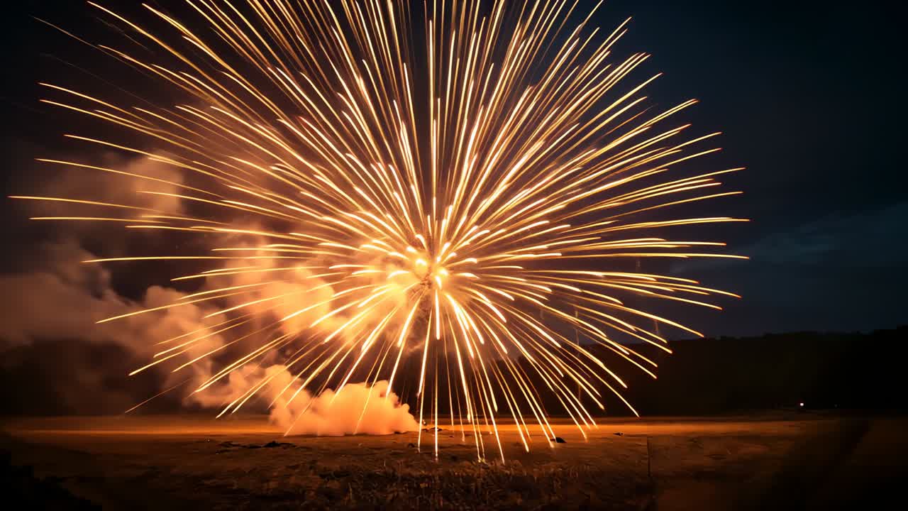 Igniting fireworks launcher sending multi-stage bursts with sparks and orange smoke over dark field