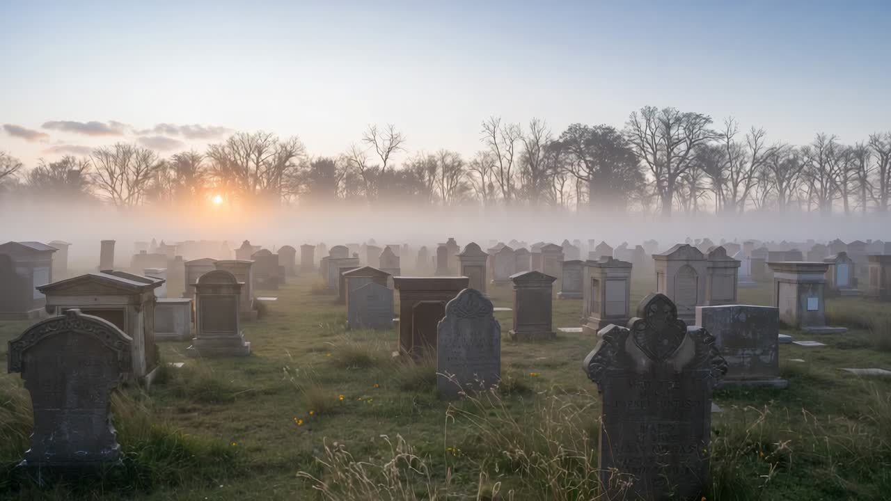 Sun peeking over trees starting camera rising, revealing rows of headstones in misty cemetery dawn