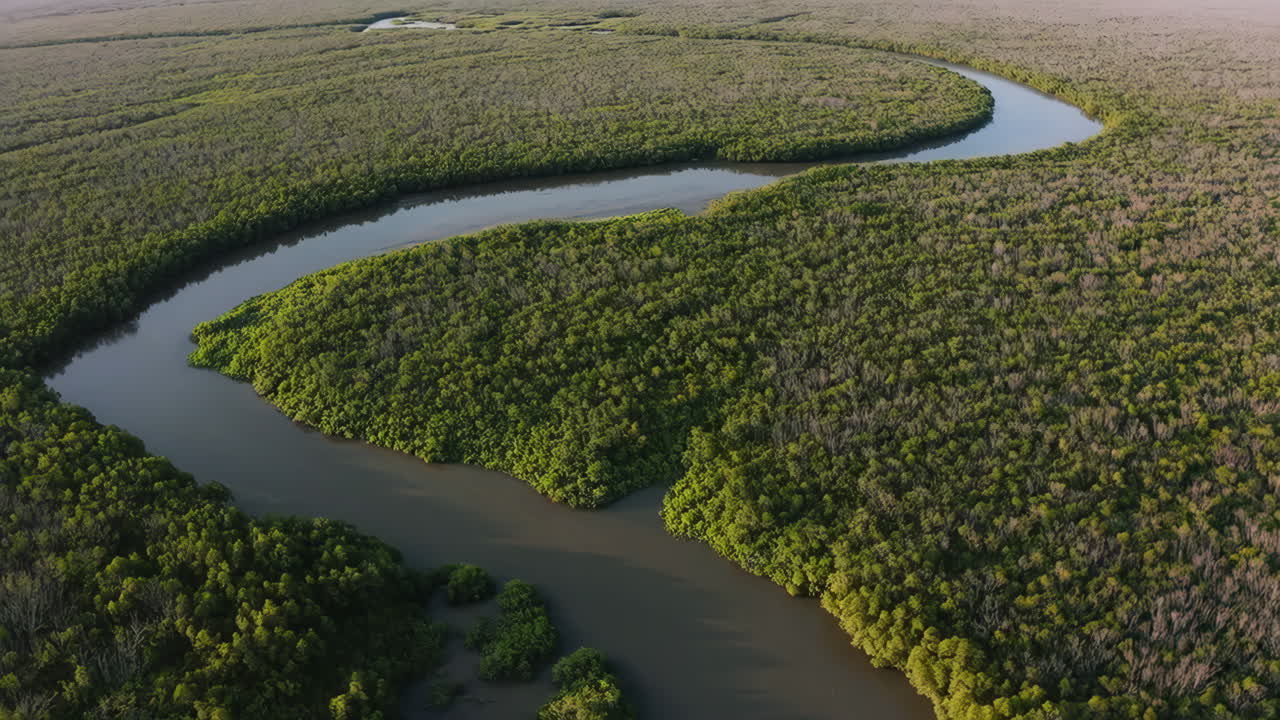 울창 한 숲 을 가로질러 휘어지는 강 의 공중 풍경
