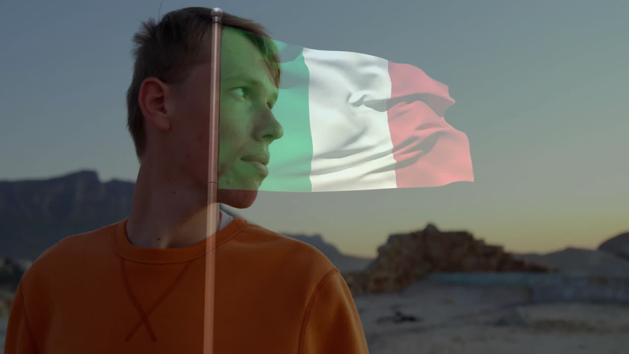 Holding Italian flag, child outdoors with animation overlay against mountains