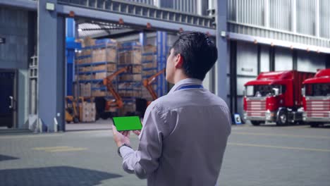 back view of an asian male professional worker standing, outside of logistics distributions warehouse, checking on smartphone with green screen and look at the factory once
