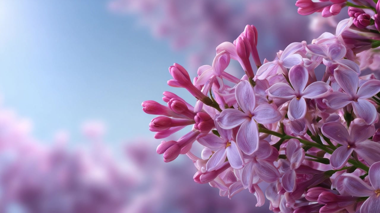 Mekar yang Lembut: Tampilan Menakjubkan Bunga Lilac Merah Muda dengan Latar Belakang Biru Lembut, Sempurna untuk Pecinta Alam dan Bunga