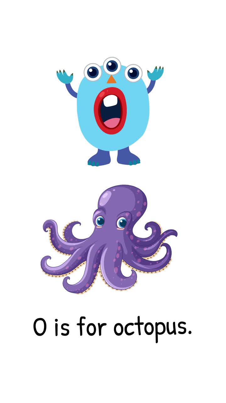 En legende animation med en figur, der forvandles til en blæksprutte, og fremhæver bogstavet O med levende farver.