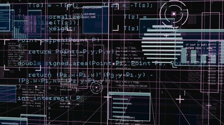 Reticle pulsing, HUD panels sliding, code scrolling, bars coalescing into emblem, visualizing data