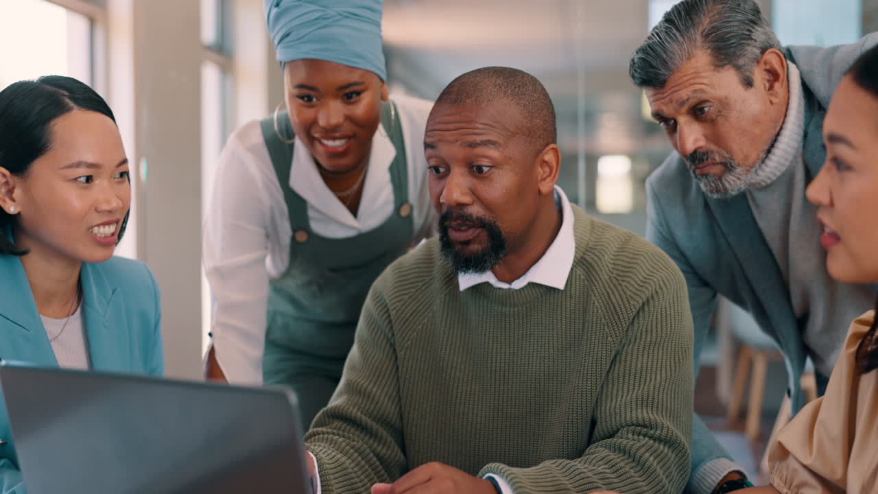 Laptop, business people and team manager explain