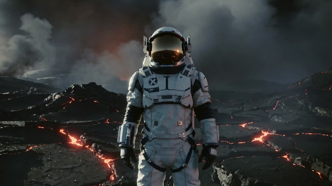 Kamera bevæger sig tættere på stående astronaut i dragt, der undersøger land til mission, guldvisir viser lava.