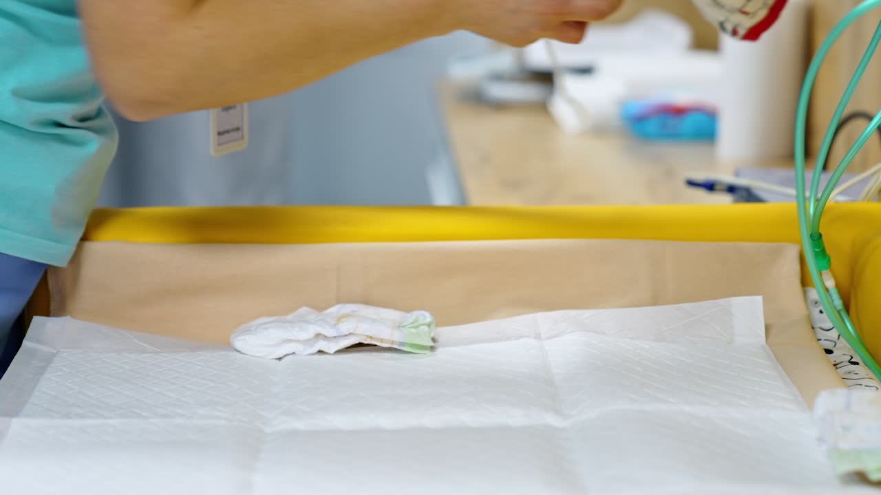 Nurse looking through baby clothes. Cute little garment is laid on the special table. Close up.