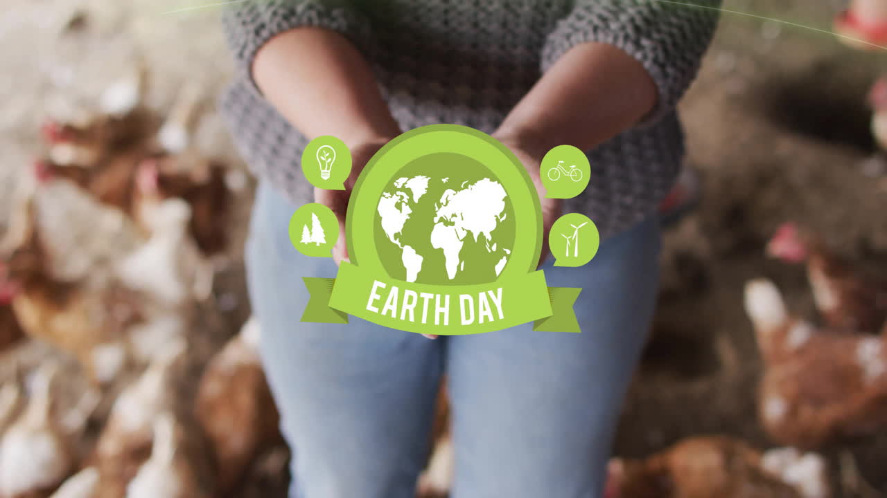 Holding Earth Day symbol, person with chickens in background, environmental awareness animation