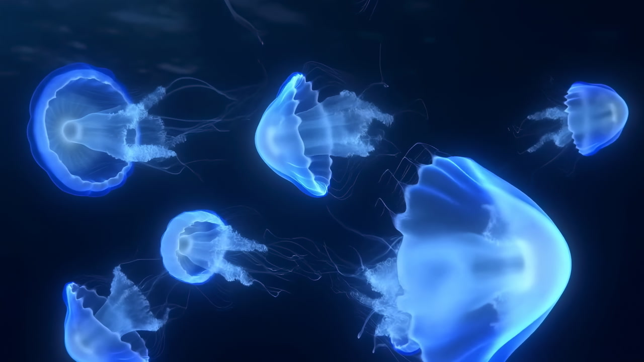 Glowing Jellyfish Drift Through Deep Midnight Water, Translucent Bells Pulsing And Trailing Filaments, Slow