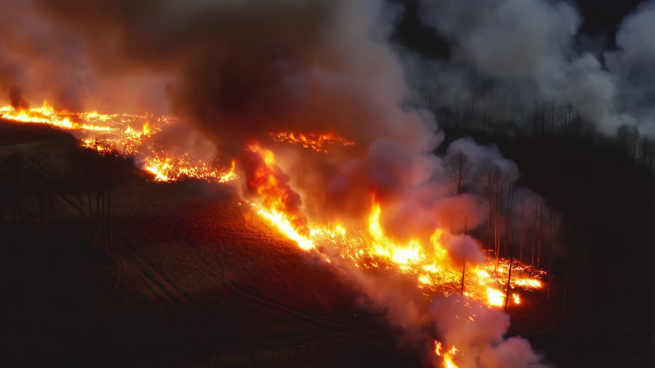 Raging Wildfire Consumes a Hillside at Night