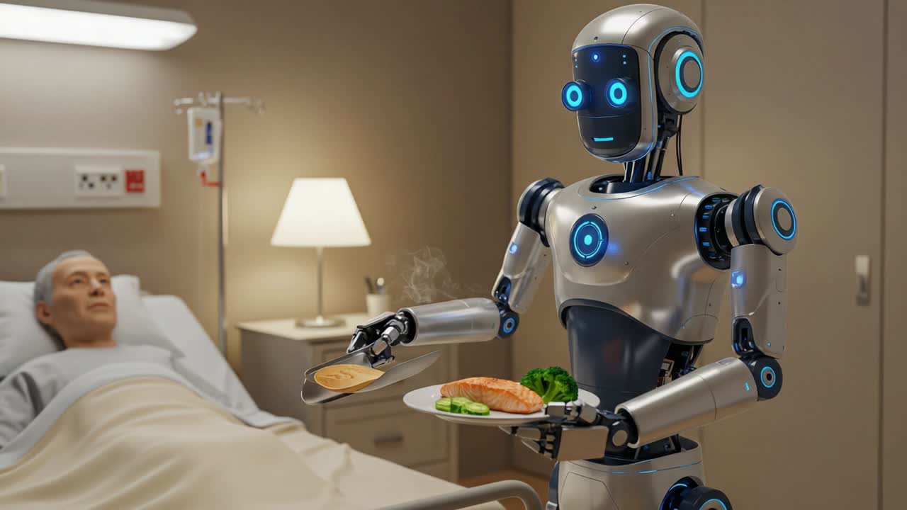A Futuristic Robot Assistant Delivers Delicious Meals to an Older Patient in a Modern Hospital Room, Showcasing the Integration of Technology in Healthcare