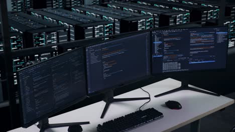 vista trasera de un hombre asiático cansado bostezando mientras trabajaba con un simulacro de varios monitores de computadora en el centro de datos