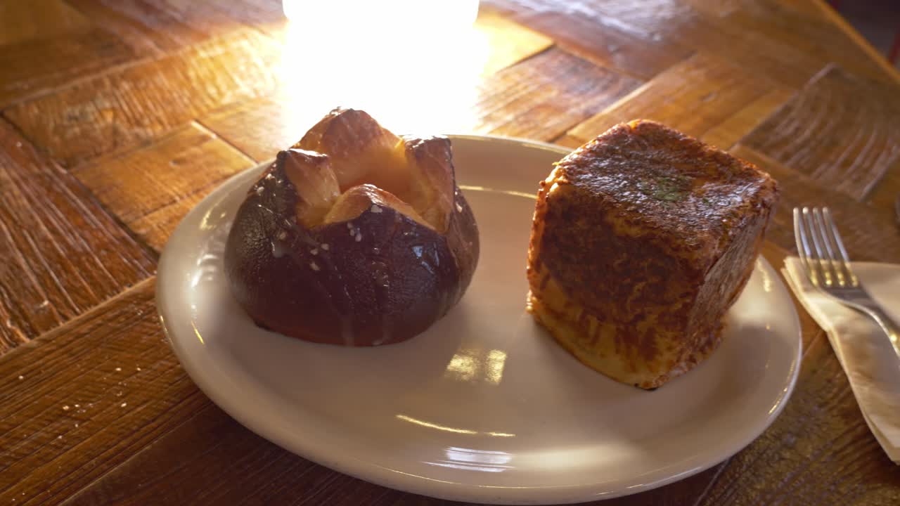 Cheese Garlic Bread Bun And Cube-Shaped Bread Served In Korean Cafe Restaurants. Close-up Shot