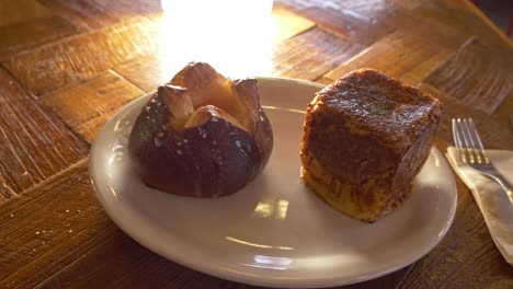 cheese garlic bread bun and cube-shaped bread served in korean cafe restaurants. close-up shot