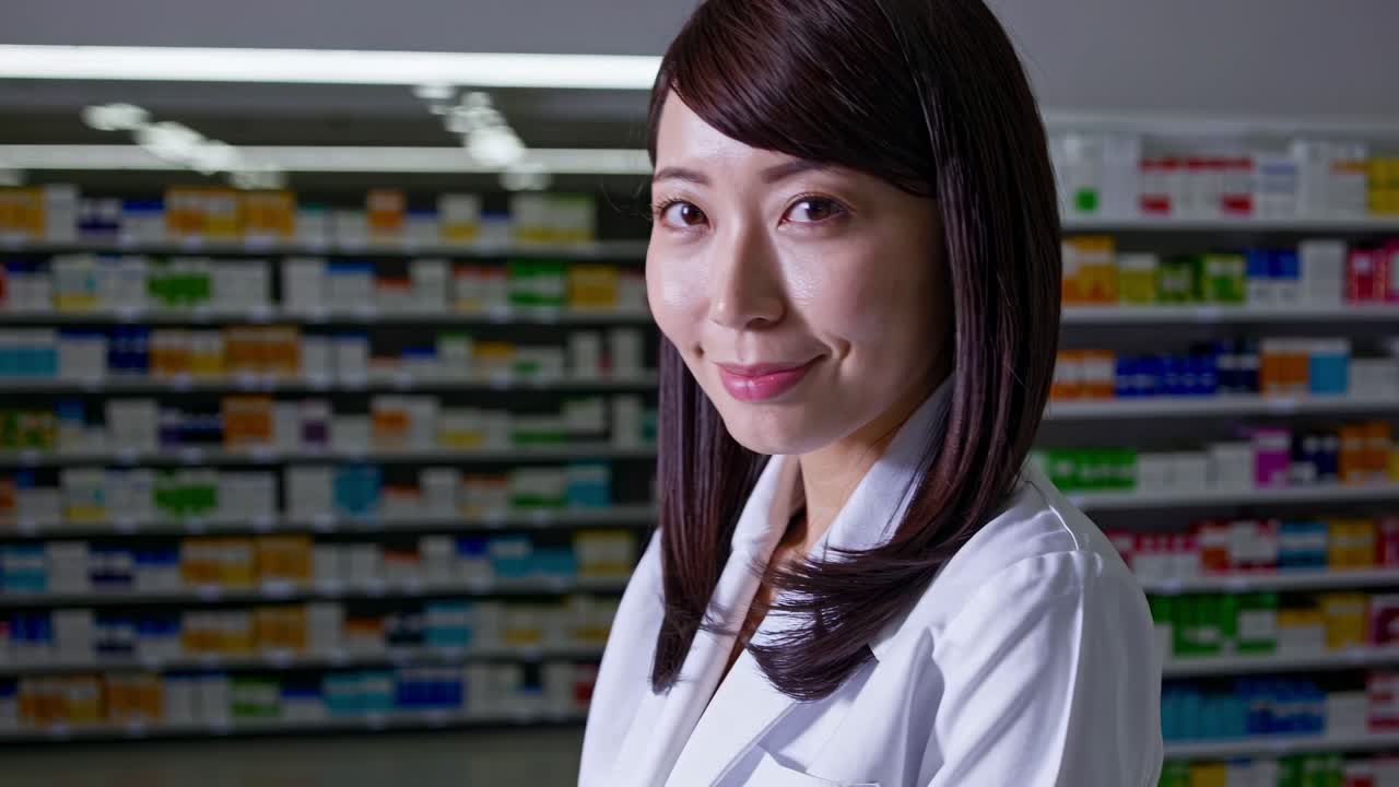 Smiling professional pharmacist working in a drugstore, surrounded by shelves stocked with medicine boxes, providing expert healthcare and dispensing essential medications to customers