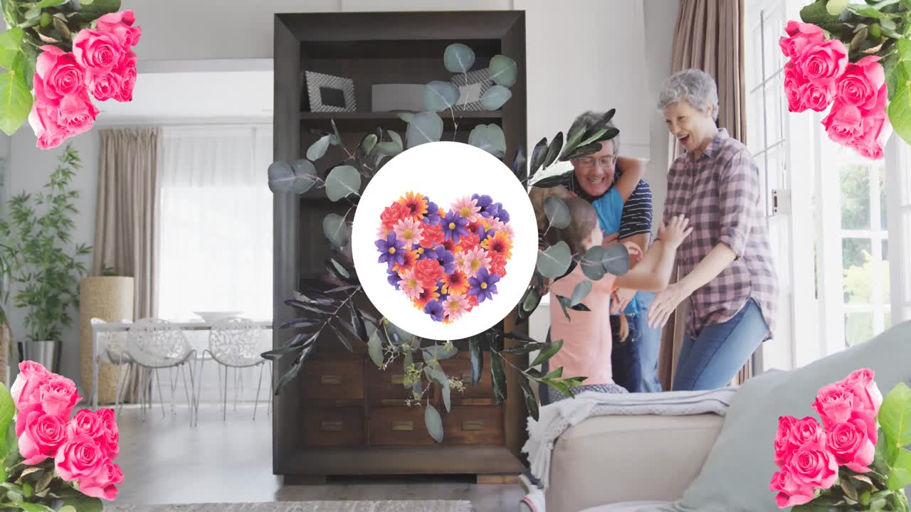 animación de corazón de flor en forma redonda sobre los abuelos y la nieta caucásicos felices