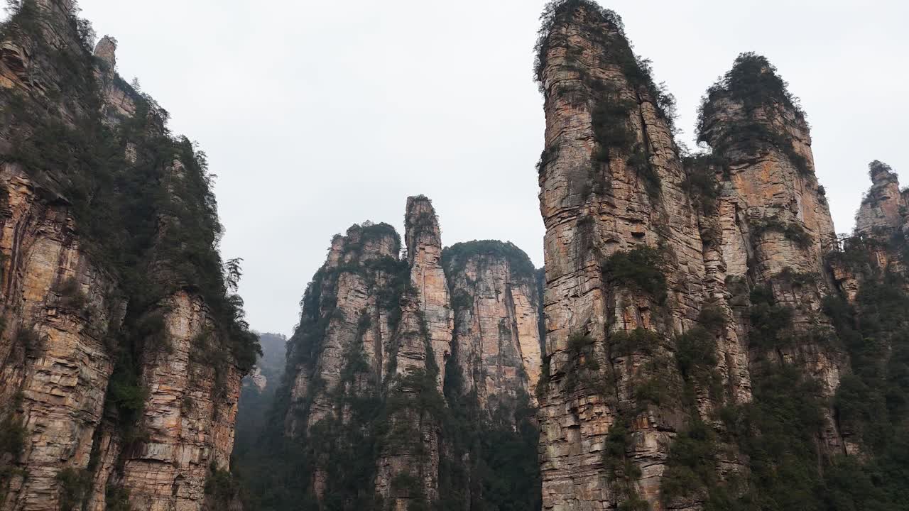 A mesmerizing drone view of Zhangjiajie's majestic rock pillars rising sharply amidst lush vegetation, illustrating the awe-inspiring natural formations of this iconic landscape in China.