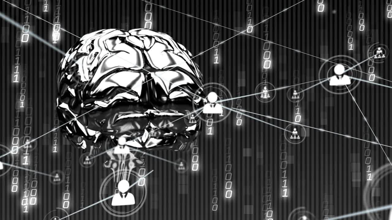 Chrome brain floating, binary falling, icons fading in, causing lines linking digital network