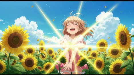 a joyful encounter in a vibrant sunflower field: an enchanting scene filled with light and happiness, capturing the essence of nature's beauty and laughter