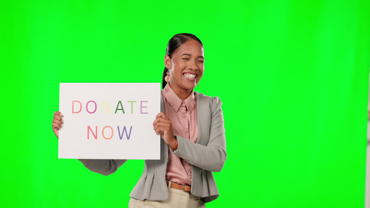 Green screen, poster and face of woman with donate