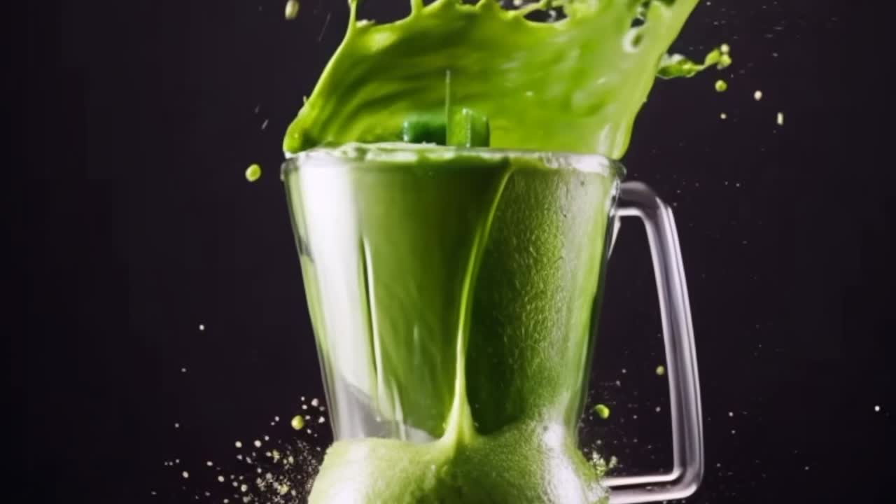Green smoothie juice splashing out of blender