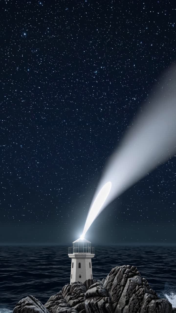 A lighthouse beams light across a starry night sky over the ocean