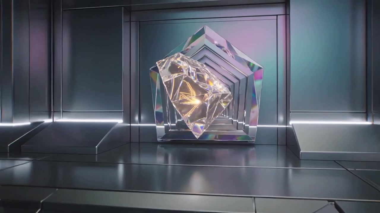 Cristallo tagliato rotante che levita in un laboratorio tecnologico, con il nucleo luminoso che si sposta da una nicchia a un tunnel prismatico