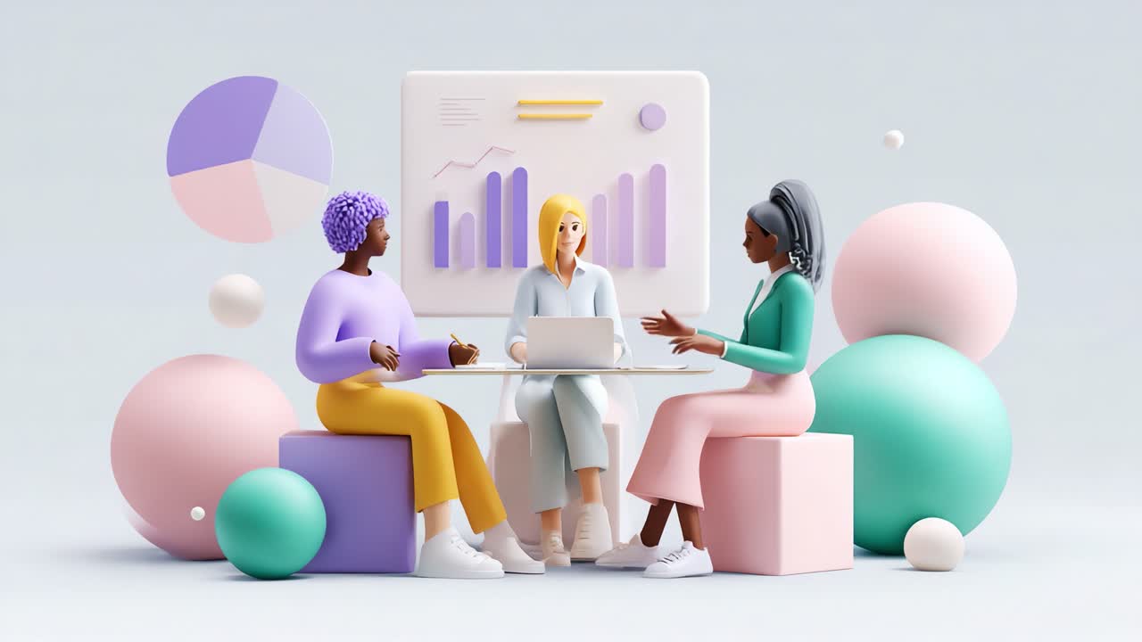 Three diverse animated characters engaged in a collaborative discussion around a table with a laptop, showcasing visual data graphics and colorful geometric elements in a modern setting