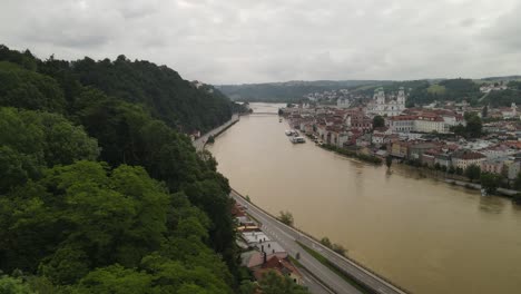 Flood-Passau-Bavaria-Germany-high-tide-river-flooded-city-aerial