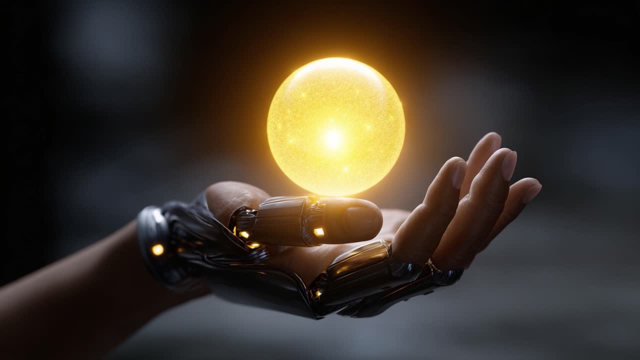 Una mano robótica futurista sostiene una esfera brillante, mostrando tecnología avanzada y una conexión etérea con la energía y la luz en un componente visual cautivador.