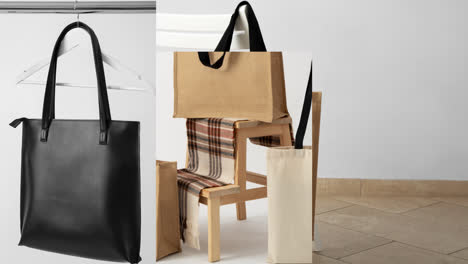 variety of bags and tote bags on hangers and wooden stool mockup
