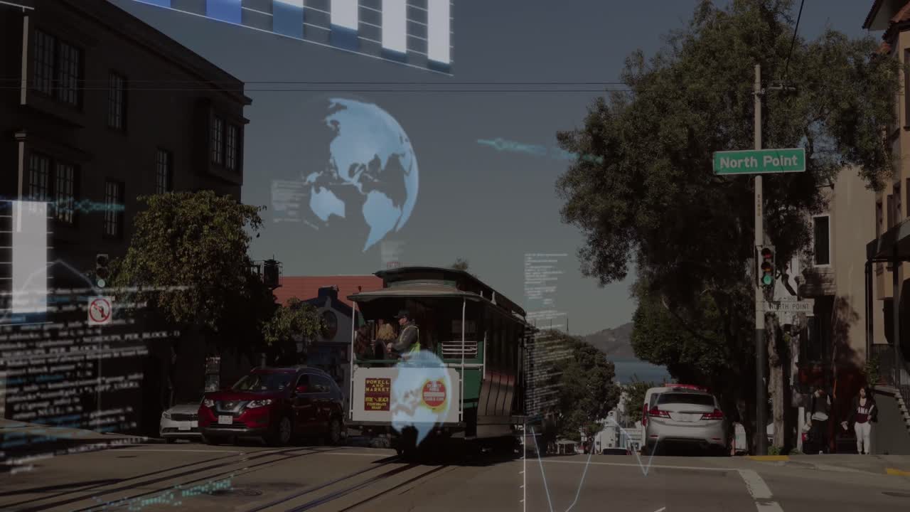 도시 풍경 위의 금융 데이터 처리 애니메이션