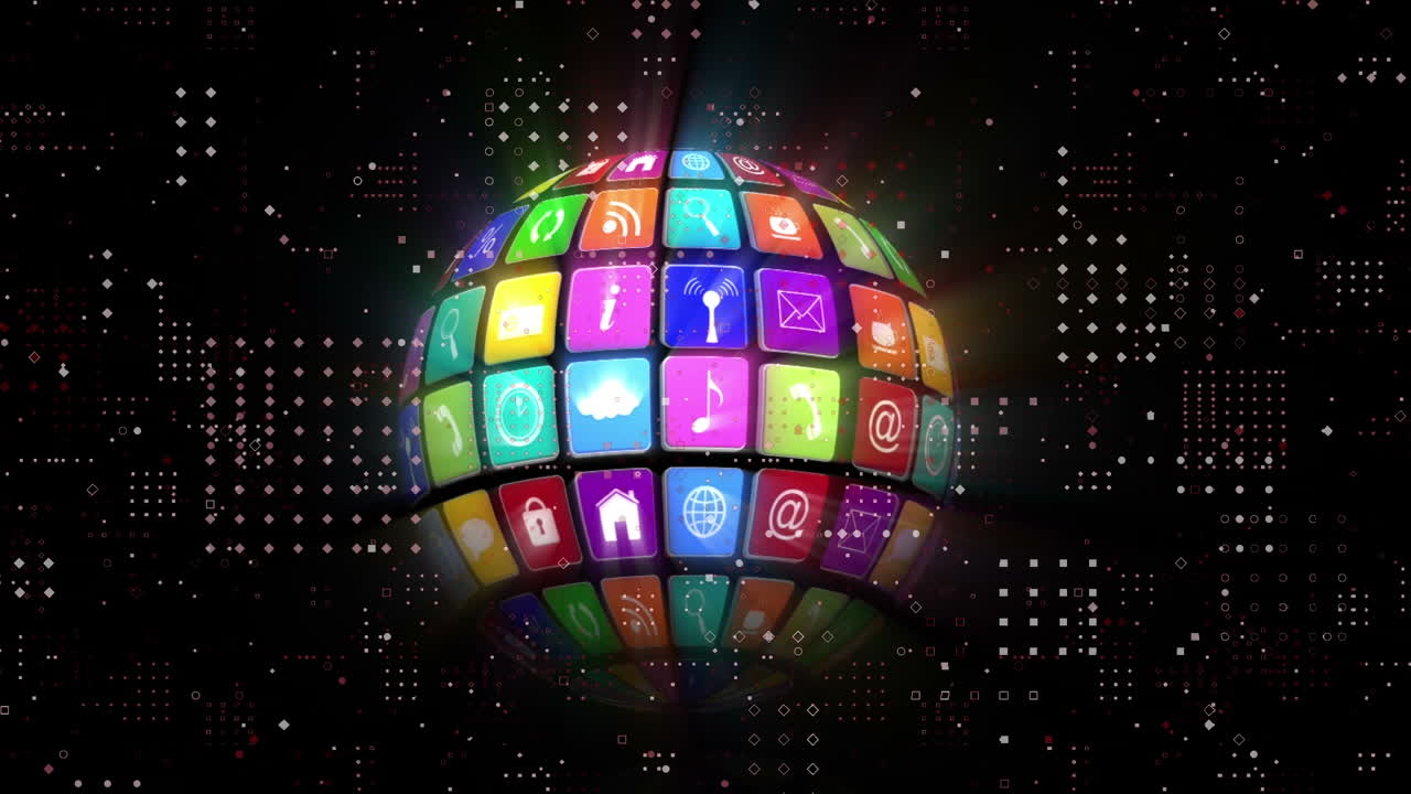 animación de filas de puntos sobre el globo giratorio formado con iconos digitales