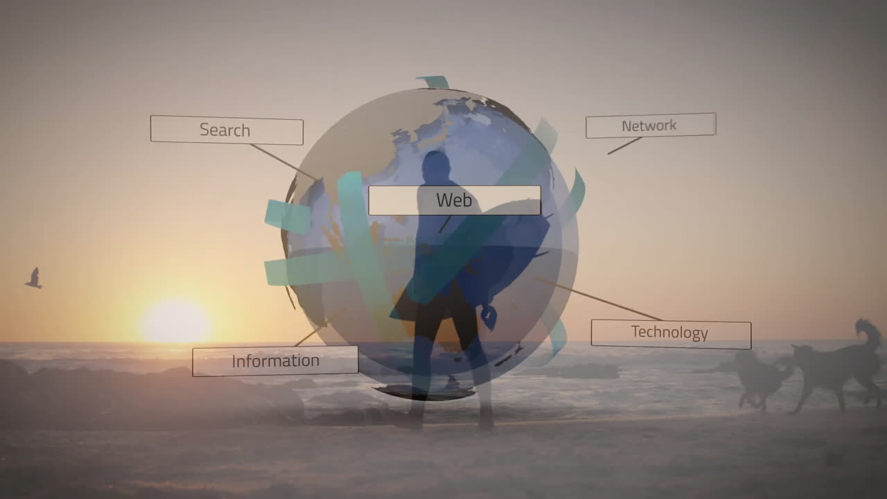 man walking sunset beach holding helmet, with 3D globe, teal ribbons and technology web labels