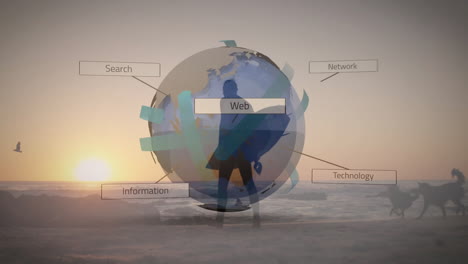 man walking sunset beach holding helmet, with 3d globe, teal ribbons and technology web labels