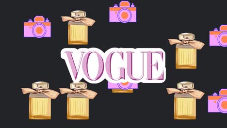 Animation-of-vogue-text-and-camera-with-perfume-icons-on-black-background