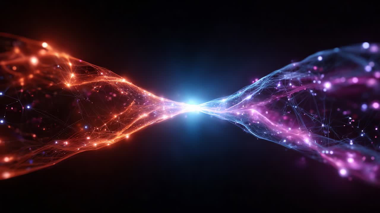 A captivating visualization of dynamic energy meeting at the center, showcasing an intricate web of lights and connections, blending vivid orange and blue hues to create an evocative sense of fusion and unity