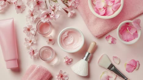 productos de cuidado de la piel y belleza rosados con flores