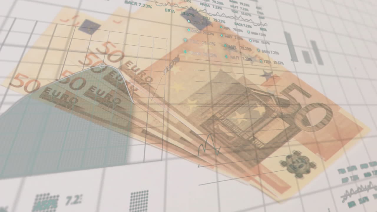 Finansiel databehandlingsanimation over 50 eurosedler og grafer