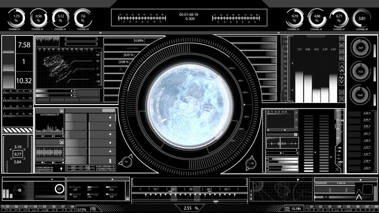 Animation of planet earth with scope scanning and data processing on screen