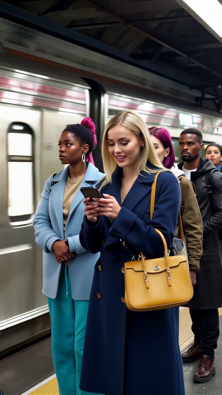 A woman is looking at her phone while standing on a subway platform